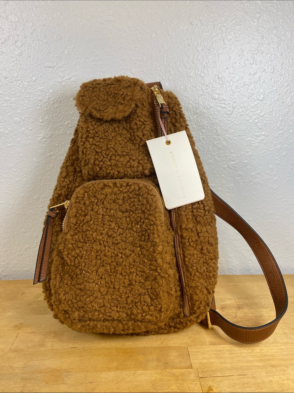 Poppy & Peonies Brown Teddy Fur En Route Sling Bag NEW